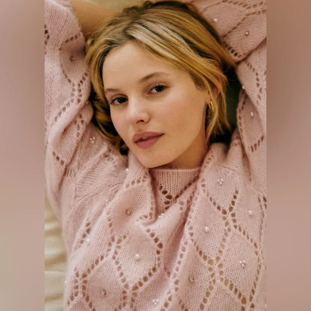 Sezane Federica Jumper Powder Pink Pearls Jewels open knit mohair Size M - Picture 3 of 9